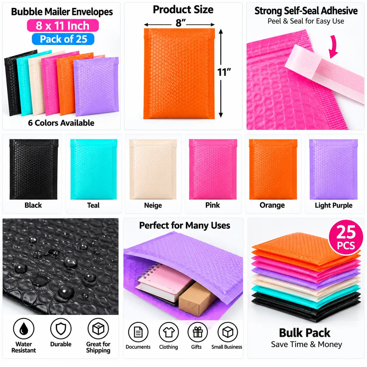 8 x 11 Inch Bubble Mailers – Pack of 25 Padded Shipping Envelopes, Self-Seal Poly Mailers for Small Business Packaging