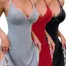 Women's Cute Sleeveless V-Neck Cami Sleep Dress - Elegant Lace Trim, Plain Solid Design, Chic Style, Comfortable Fit, Free Arm Movement for Loungewear