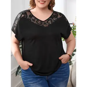[Plus Size Summer Dress] Plus Size Women's Dress - Summer New Arrival, European and American Style Loose Fit Hollow Lace Patchwork Solid Color V-Neck Short Sleeve
