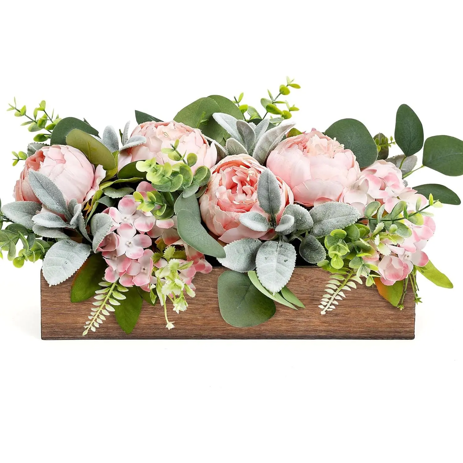 Pink Flower Centerpieces for Table, Pre-Made Artificial Peony Hydrangea Centerpieces for Dining Table Wood Fake Flowers Decorations for Wedding Living Room Office Bar Kitchen Table