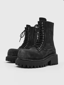 Square Toe Boots, Pure, Washed Denim Fabric, Metal Eyelets, Thick Sole, Anti-Slip, Unisex, Gothic Style, Streetwear