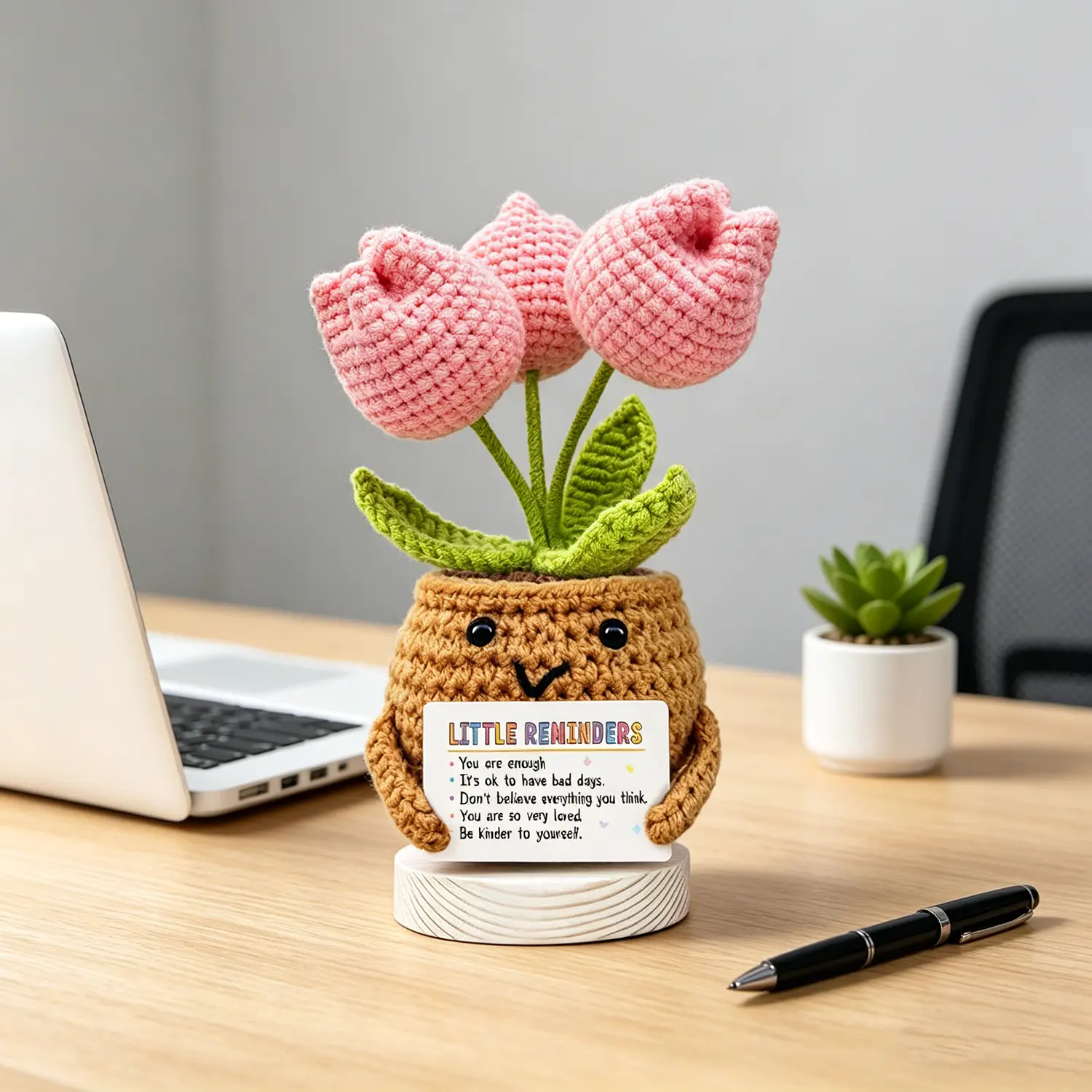 Handmade Crochet Tulip Artificial Flower Arrangement - Daily Affirmation Box with Reminder Card, Floral Decor for Desk, Women's Mental Health Birthday Gift