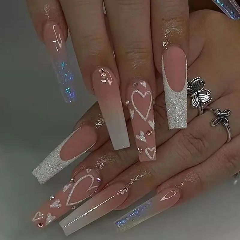 Rhinestone Decor Heart Pattern Fake Nail, 24pcs/set Glossy Long Square Press on Nail for Women & Girls, Removable Nail Art Artificial Full Cover, Women Girls DIY Manicure