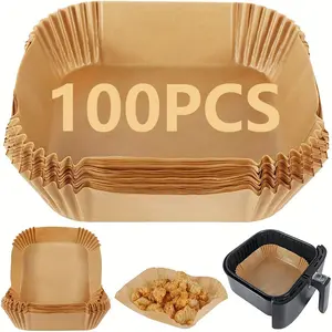 100PCS Air Fryer Paper Liners, unbleached and biodegradable material, disposable non-stick parchment paper for frying, baking, roasting and grilling.