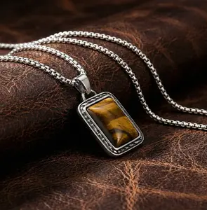 Tiger Eye Pendant Necklace – Stainless Steel Chain, Natural Crystal Jewelry, Holiday Spiritual Gift for Him Her, Valentine Day Daily Wear Necklace
