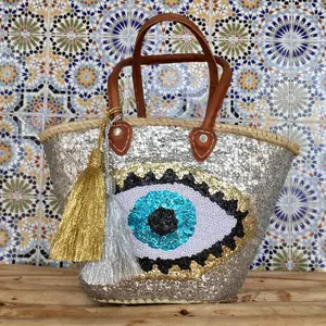 Palm Leaf Basket Tote Bag with Silver Sequins & Evil Eye Protection