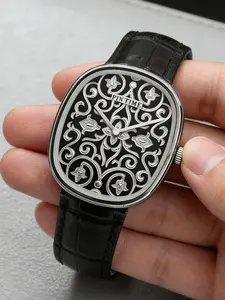 Men's Quartz Watch with Hollow Carved Design, Stylish Business Style Leather Band, Analog Timepiece for All Seasons