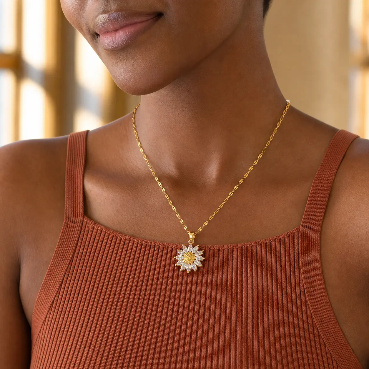 Queendo Dainty Sunflower Zircon Necklace – Gold Tone 40+5 cm Adjustable Chain with Sparkling Marquise-Cut Cubic Zirconia Petals, Elegant Floral Pendant Jewelry for Women, Perfect for Everyday Wear, Parties, Dates & Special Occasions.