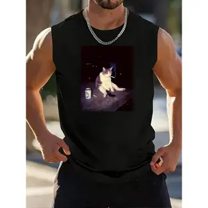 Cat smoke Funny Animal Vests Menswear Womenswear Streetwear Cotton Comfort Cool Smoking Vests Vintage Edgy Cat Meme Oversized Vests