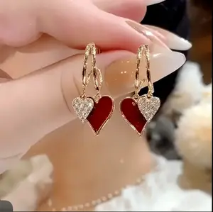 Red Enamel Heart Dangle Hoop Earrings, Gold Plated Love Earrings for Women#heartearrings #goldhoopearrings #dangleearrings #redheartjewelry #valentinesdaygift #daintyjewelry #romanticjewelry