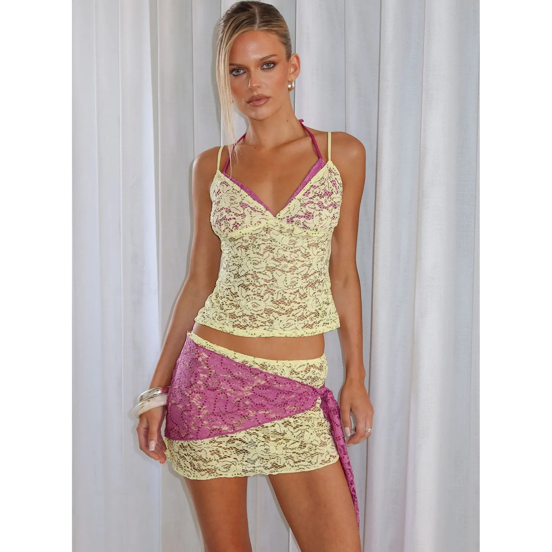 Sirna Lace Wrap Contrast Mini Skirt Lime / Pink Sirna Lace Wrap Contrast Mini Skirt Lime / Pink