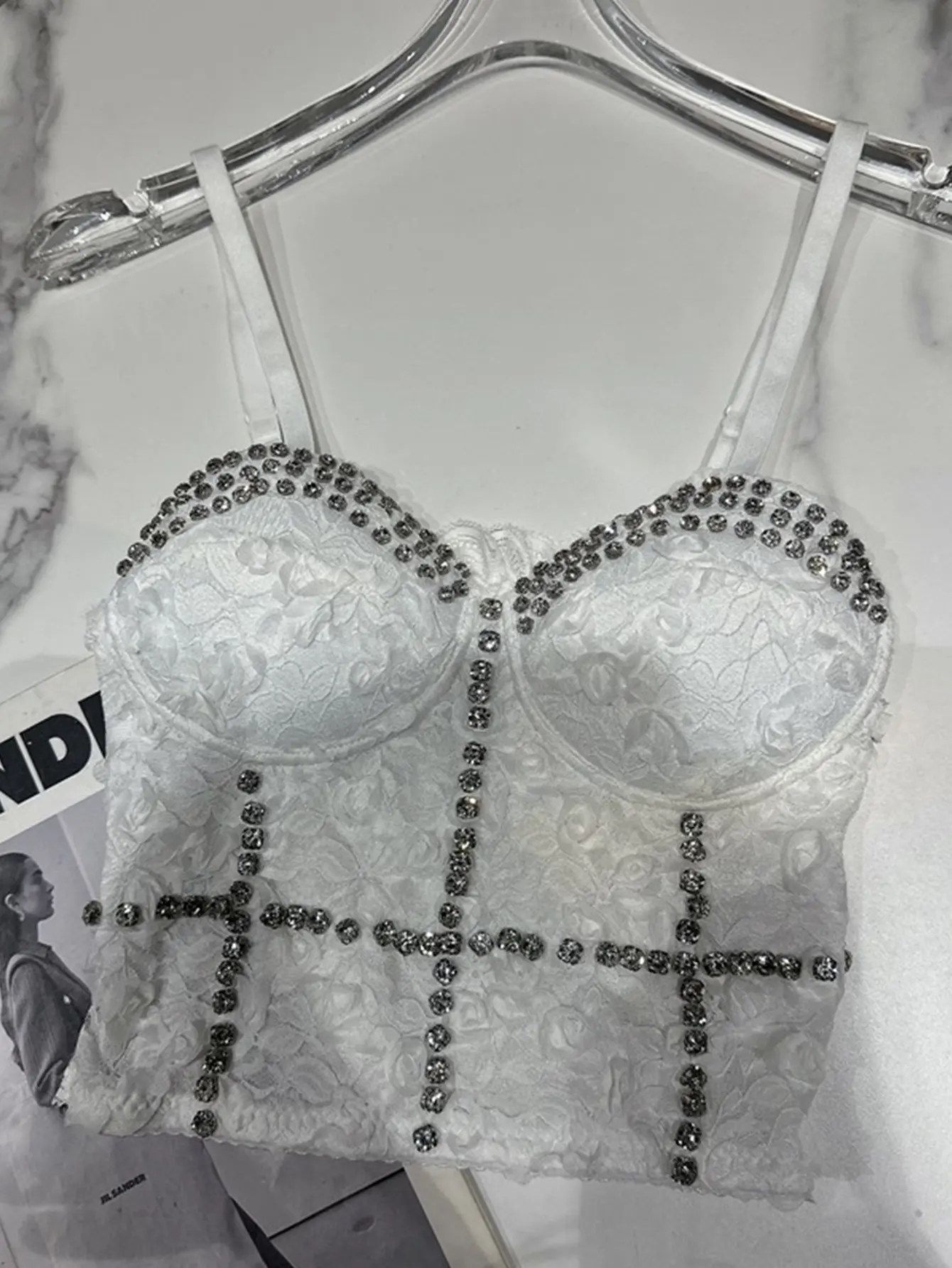 ASANDY Women's 3D Lace Bustier Top - Short Sleeveless Spaghetti Strap Corset with Rhinestone Grid, Ruffled Neckline, Crystal Accents, Elegant Structured Chic Style - Outfits Inspo for Party Date Night