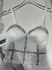 ASANDY Rhinestone-Embellished 3D Lace Bustier Top - Spaghetti Strap Corset with Grid-Pattern Crystal Detailing & Ruffled Neckline | Glamorous Structured Design, Perfect for Party/Date Night/Chic Streetwear All-Season Outfit