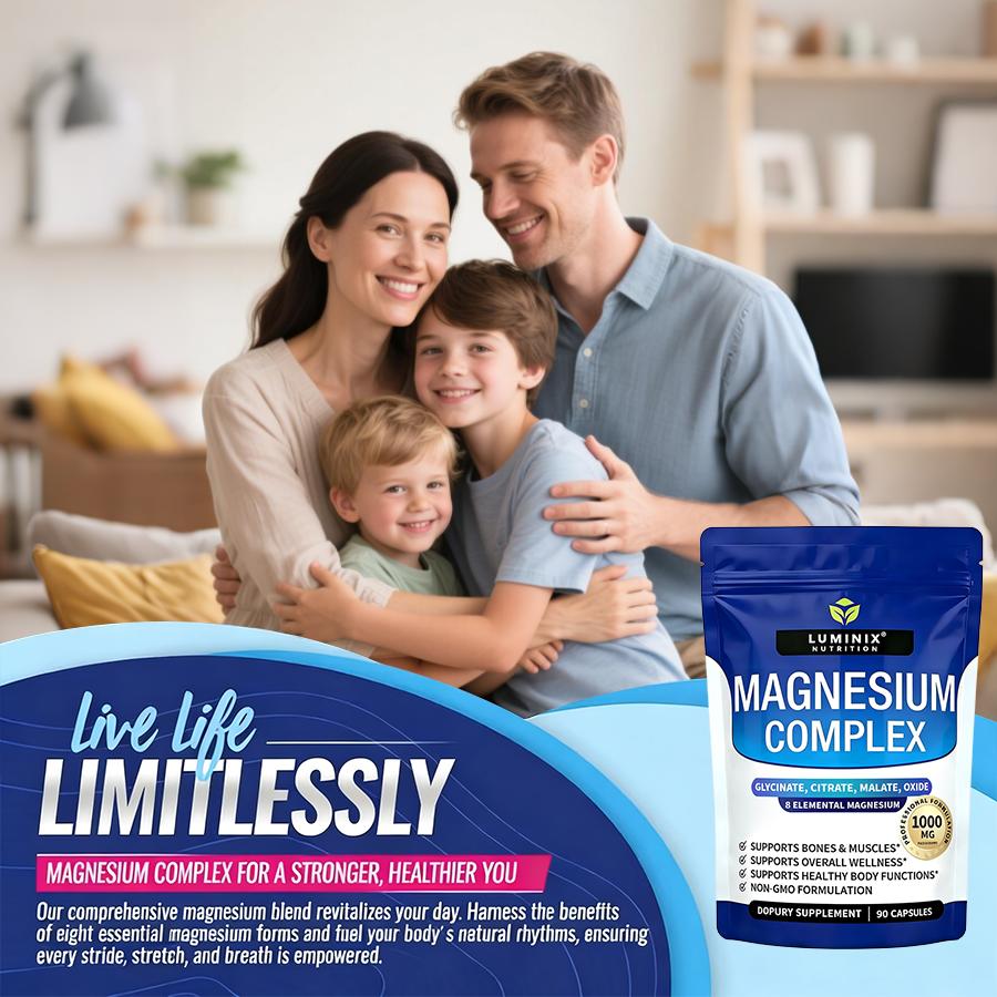 LUMINIX Magnesium Complex 8 Essential Magnesium Supplement 1000mg, A powder containing 8 essential magnesium complexes.