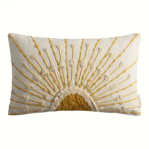 Tufted Embellished Lumbar Pillow, Ivory Sunrise Pillow, Vintage Pillow, Decorations Pillow for Sofa, Living Room, Office, Bedroom
