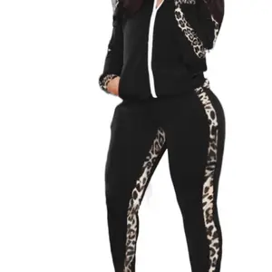 Plus contrast binding leopard print zip up jacket and pants set, mock neck long sleeve outerwear Womenswear Outfit Comfortable Elastic Black two piece Women's Crop