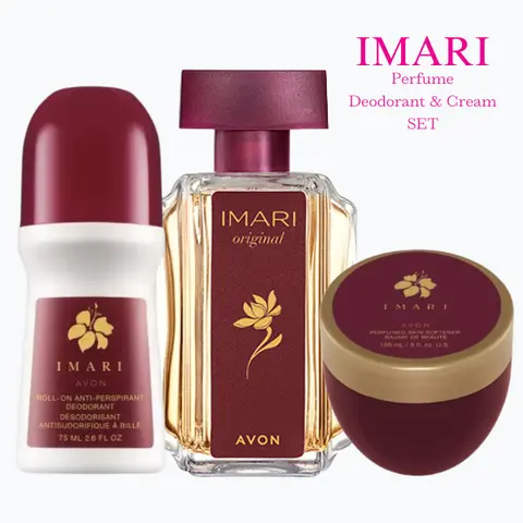 Avon Imari Pefume EDT Spray for her 1.7 fl oz and Deodorant roll-on 2.6 fl oz and Perfume Cream SET Fragrance Jasmine Body Care Floral