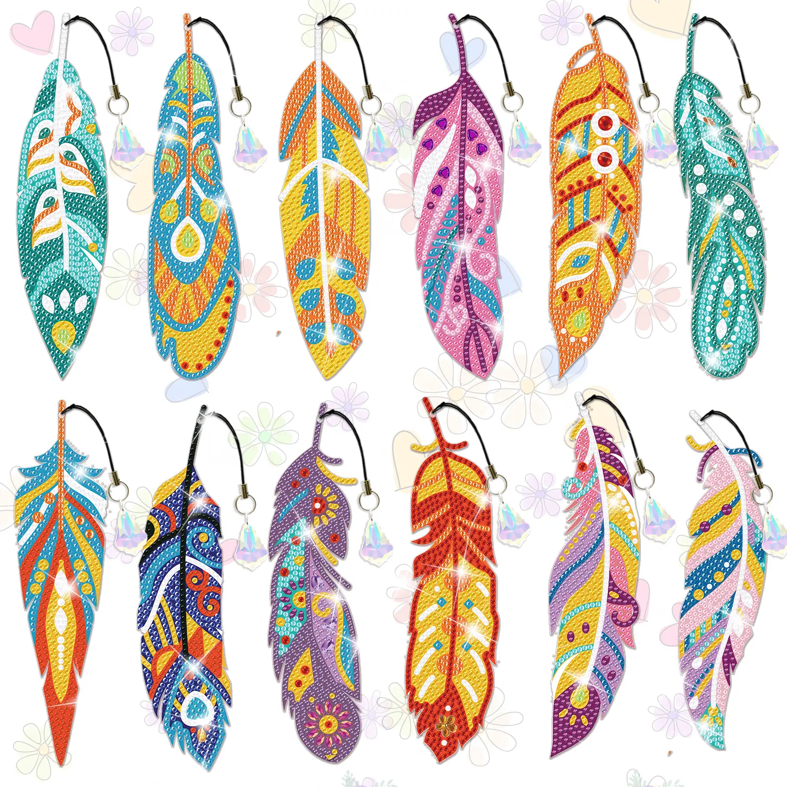 12 Piece Feather Shape DIY Diamond Painting Bookmark Set, Crystal Pendant Included, Ideal for Indoor Decor, Pet Sticker Bookmarks, Free Tools, Book Reading Stickers, Sticker Decals
