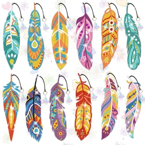 12 Piece Feather Shape DIY Diamond Painting Bookmark Set, Crystal Pendant Included, Ideal for Indoor Decor, Pet Sticker Bookmarks, Free Tools, Book Reading Stickers