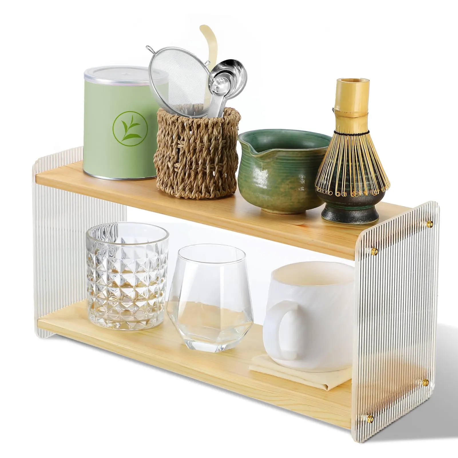 Matcha Station 2-Tier Minimalist Wood & Acrylic Matcha Whisk Set Organizer Stand, Stable Countertop Storage Rack for Green Tea Powder, Scoops, Mugs – Ideal for Tea Room, Coffee Bar Gatherings, Thoughtful Gift, Space Saver