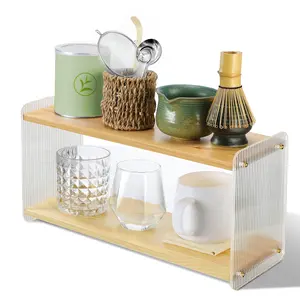 Matcha Station - 2 Tier Matcha Whisk Set Organizer Stand Shelf for Countertop, Stable Pine Acrylic, for Store Green Tea Powder Scoop Mugs in Tea Room Coffee Bar