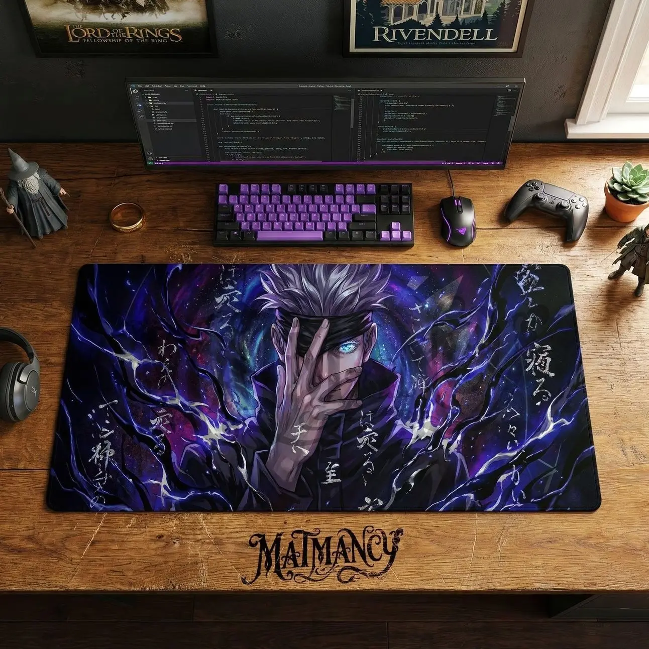 Satoru Gojo Desk Mat, Dark Anime Mouse Pad, Cursed Energy Gaming Keyboard Mat