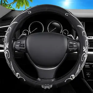 Leather Steering Wheel Cover - Panapi Material, Universal 14.5-15 Inch Leather Anti-Slip Breathable Auto Steering Wheel Covers for Men Women (Embroidery-White)