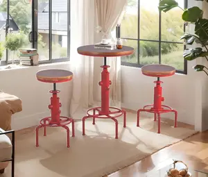 3 Piece Pub bar Set Vintage Industrial Round bar Table and Stools for 2, Height Adjustable Pub Table and stools Match bar Height and Counter Stool Antique Red(1 Table + 2 Chairs) wood diningtable chairs furniture