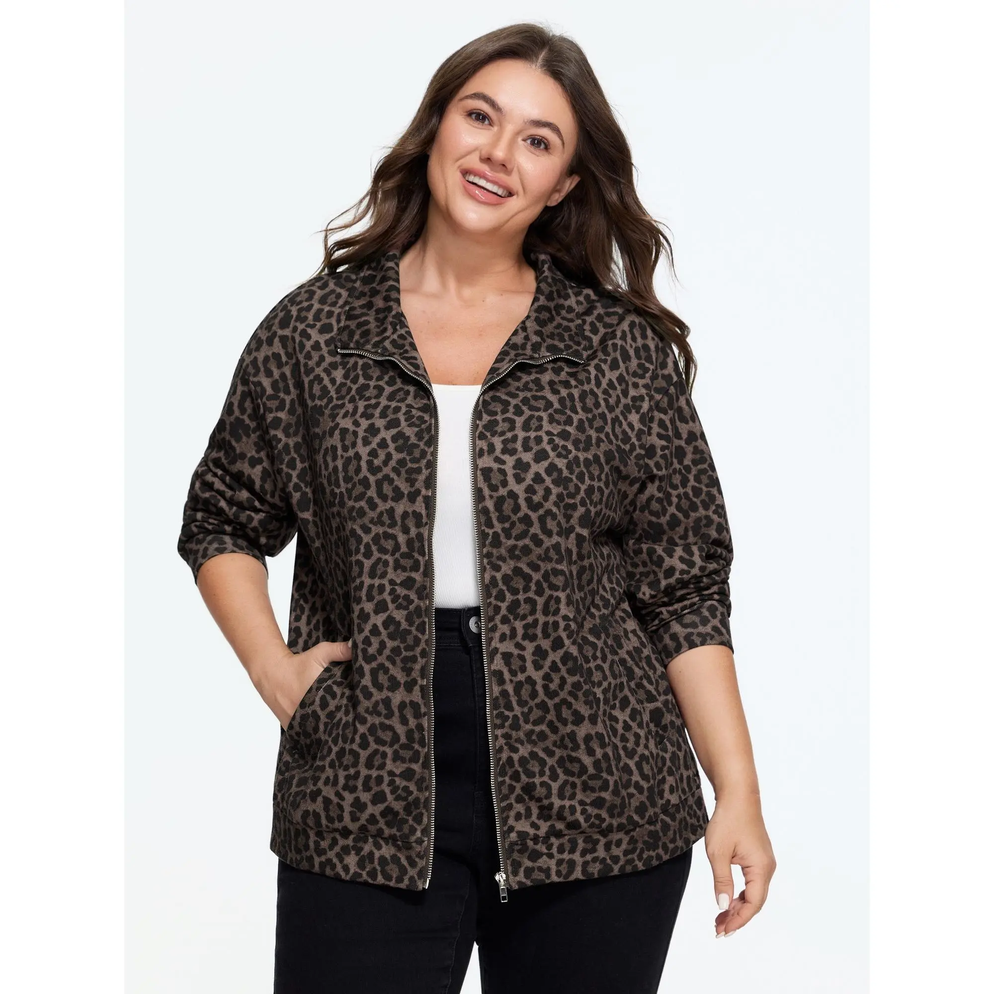 BloomChic Plus sizeLeopard Print Zip Up Jacket[M-6X]Back To School,Fall Pick, Spotlight Day，SohoChic