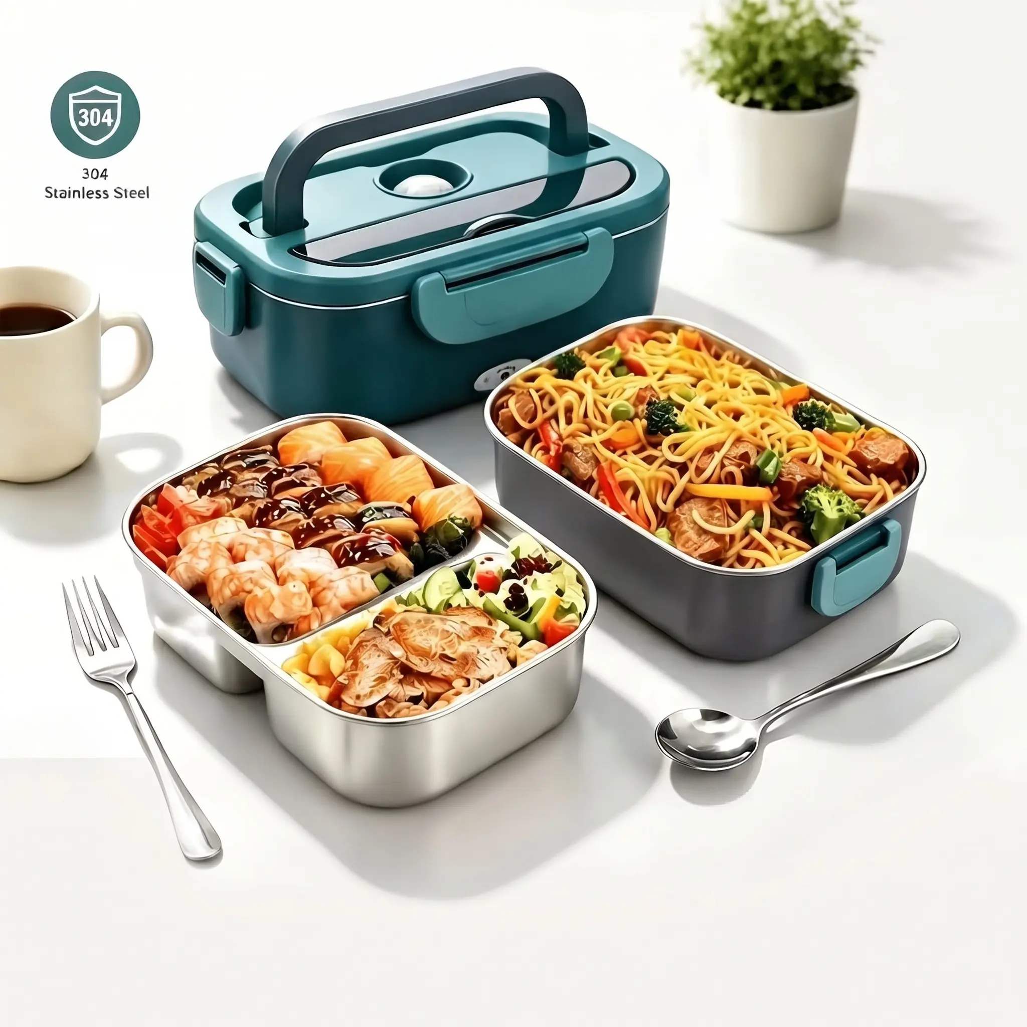 Electric Lunch Box Food Heater 3-in-1, 12V/24V/110V Portable Heated Lunch Box for Car, Truck & Home, 304 Stainless Steel Container with Insulated Bag, Fast Heating Meal Warmer for Adults