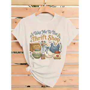 Women'S Bohemian Thrift Shop T-Shirt - Short Sleeve Crew Neck Casual Top With Print, Minimalist Suitable For Spring Summer Fall Office Commute & Birthday Gift, Machine Washable Casual Attire Thrift Outfits For Errands And Outings
