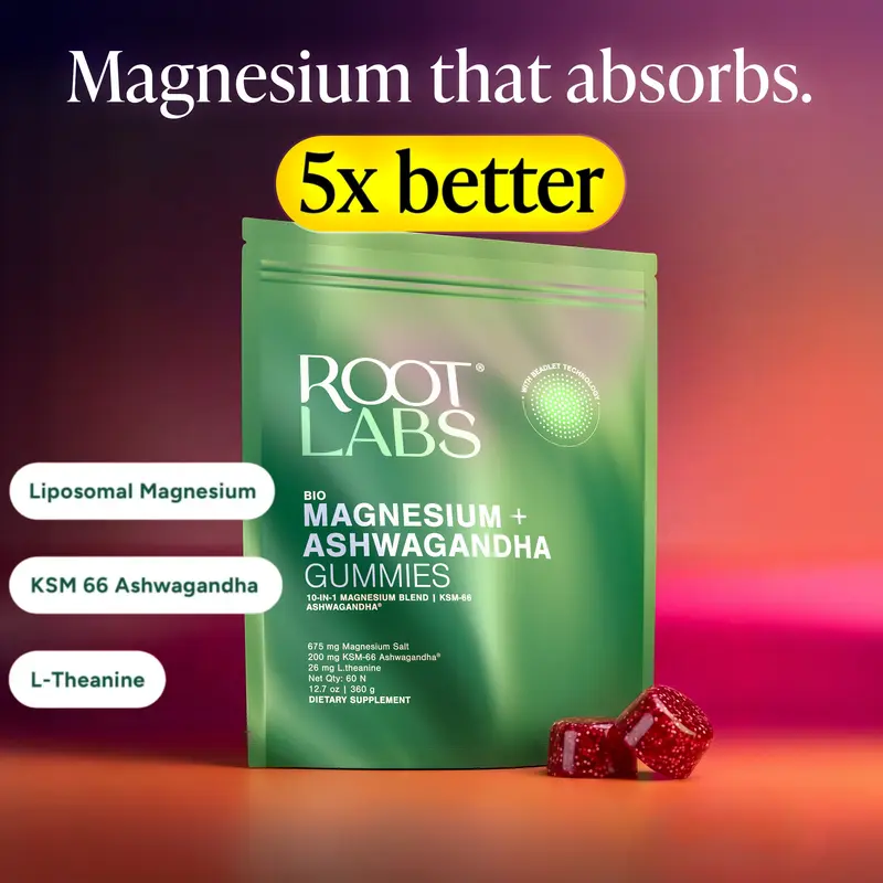 Root Labs Liposomal Magnesium + Ashwagandha Gummies with Beadlet Technology | 675mg Multi-Form Magnesium Salt, 200mg KSM-66 Ashwagandha, 26mg L-Theanine | High Bioavailability Gummies | Stress Relief, Sleep Support & Recovery | 60 Gummies (30 Servings)