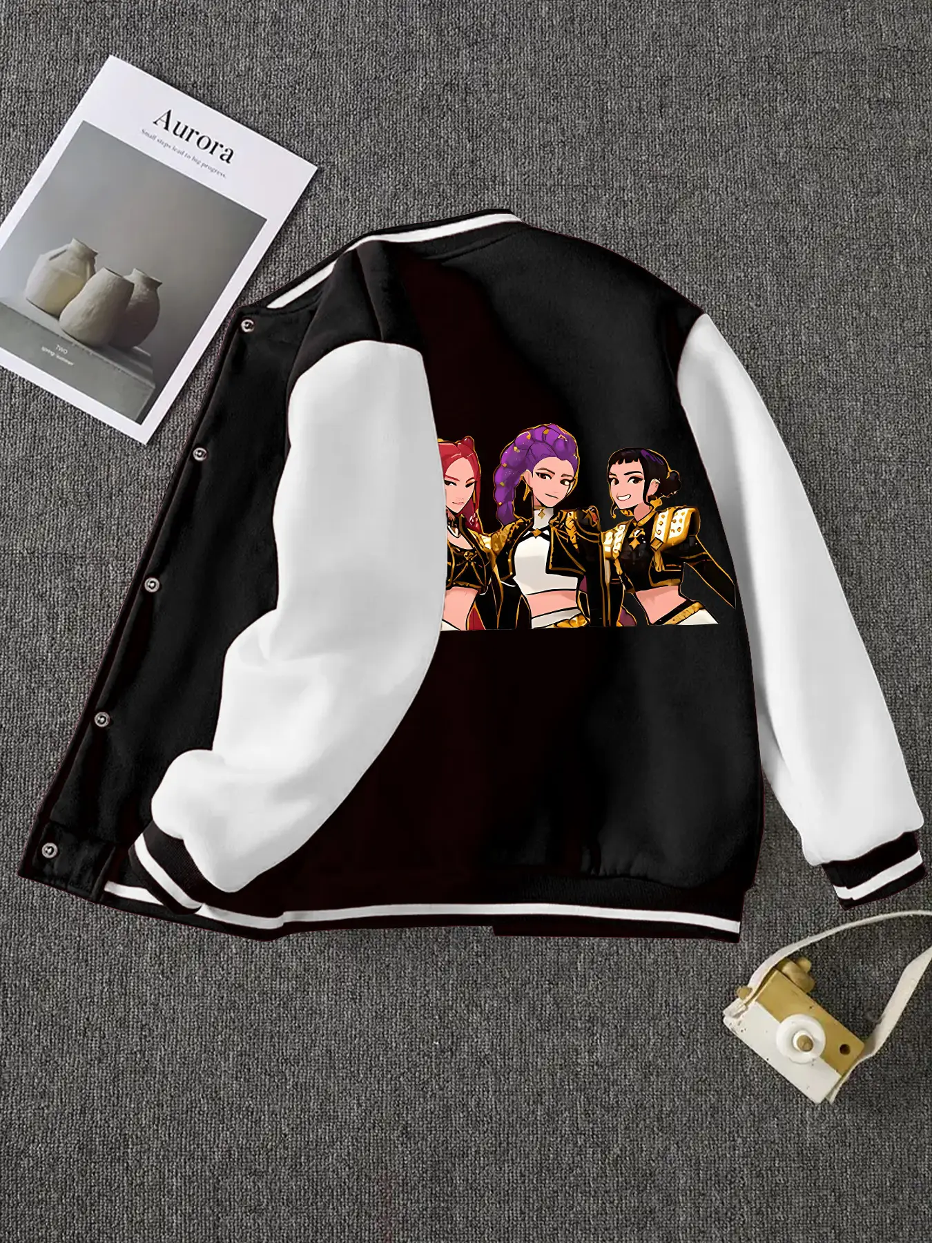 Girls' Spring & Fall Fashion Jacket, Cute Cartoon Kpop Print Baseball Coat, Fitted Moderate Fabric Casual Style Outerwear