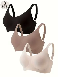 3-Pack Jelly Strip Soft Support Bras for Women, Wireless Underwire-Free Thin Lifted Seamless Breathable Padded Cups, Comfortable Lightweight Casual Lingerie