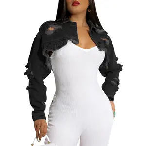 Cropped Denim Jackets for Women Long Sleeve Ripped Destroyed Wash Crop Top Jean Jackets Coats Womenswear Minimalist