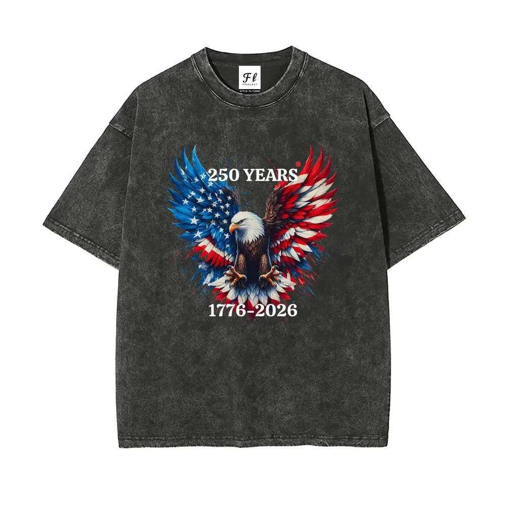 Men's Short-Sleeve Round-Neck Graphic T-Shirt - 250th Anniversary 1776-2026 Patriotic Eagle Unisex Premium Cotton Fabric Tee, 4th of July USA Independence Day, Slightly Stretchy Fit, Washed Vintage Finish, Breathable Crew-Neck Fix