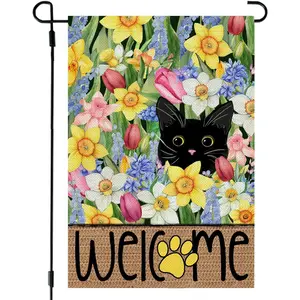 Spring Summer Garden Flag Black Cat 12x18 Inch Double Sided Small Seasonal Holiday Floral Decoration for Outdoor Lawn Yard, No Flagpole Included, Linen Material