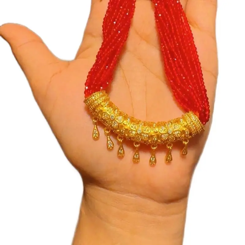 Women's Elegant Gold-Plated Long C-Tilhari Pendant Necklace, Costume Jewelry Adorned with Hydro Crystal Beads, Auspicious Accessory for Any Wardrobe, Female