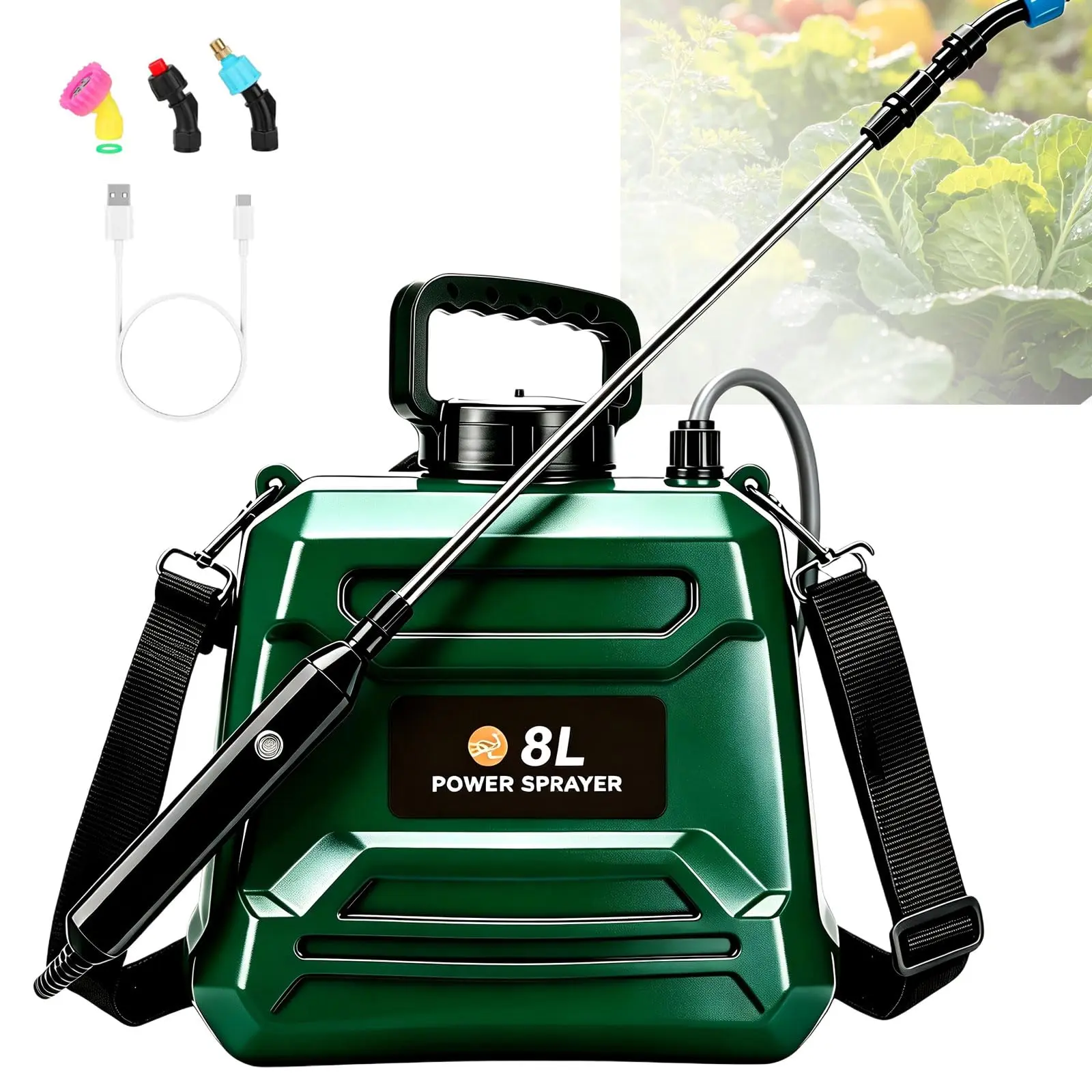 FURRELOR 2-Gal Battery-Powered Pressure Sprayer, USB Rechargeable Electric Weed Sprayer with Water Pump, Retractable Wand, 3 Fine Mist Nozzles, Adjustable Shoulder Strap, Hands-Free 0.5kg Customizable Spray Patterns Equipment for Lawn Watering, Adjustable