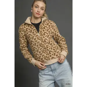 Umgee Leopard Print Quarter-Zip Sweatshirt
