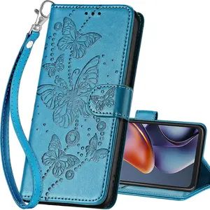 For Motorola Moto G 5G 2025 Wallet Case,Flip Folio Cover With Stand Feature For Women Men,PU Leather Phone Case Fit For [Blue-Butterfly]