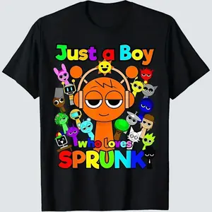 Youth and Adult Just a Boy Who Loves Sprunki T-Shirt, Sprunki Youngsters' Colorful Cartoon Character T-Shirt, Funny Graphic Design, Gift for Boys Girls, Youth Clothing