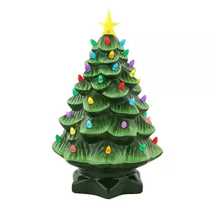 Green Pre-lit Nostalgic Christmas Tree 14 in Vintage Ceramic Multicolored Faceted Bulbs LED Lighting Illuminated Star Holiday Decoration