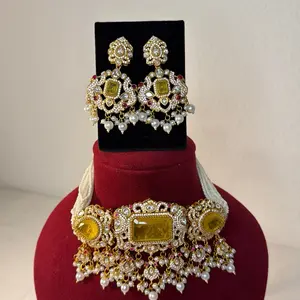 premium antique gold minni zircon and mozzanite with earrings indian jewellery set on brass metal