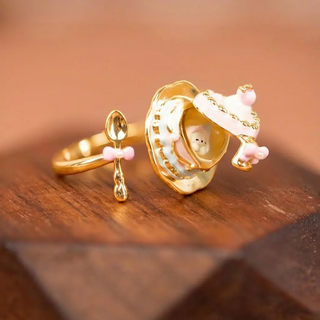 Sweet Pastry Enamel Ring Set, Adjustable Cake Locket Ring with Tiny Spoon Ring