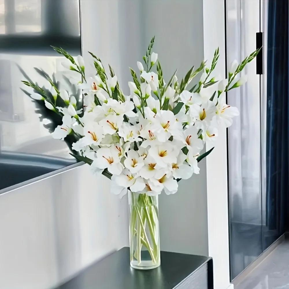8pcs Artificial Gladiolus Orchid Flower Bouquet |   White Blooms & Green Foliage, Maintenance-Free Lifelike Stems for Weddings