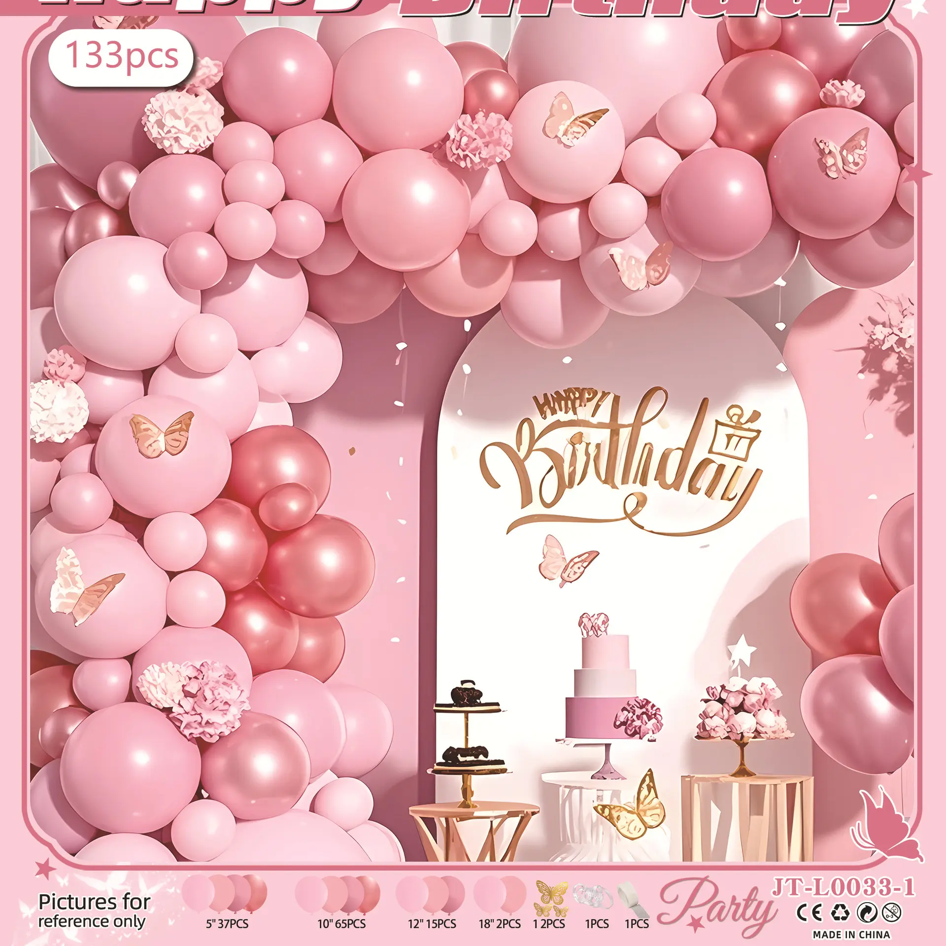 133Pcs Pink & Dusty Blue Butterfly Balloon Arch Garland Kit, Matte Pastel Latex & Gold Metallic Balloons with 3D Butterfly Stickers, All-in-1 DIY Party Decor Supplies for Wedding, Birthday, Baby Shower