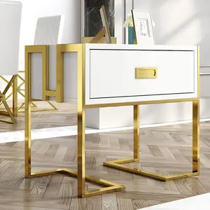 Homary Jocise Modern White Side Table Wooden End Table with 1 Drawer & Golden Double Pedestal