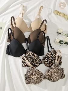 women's solid & leopard print underwire push up bra, casual comfy breathable bra for daily wear, women's lingerie for all seasons