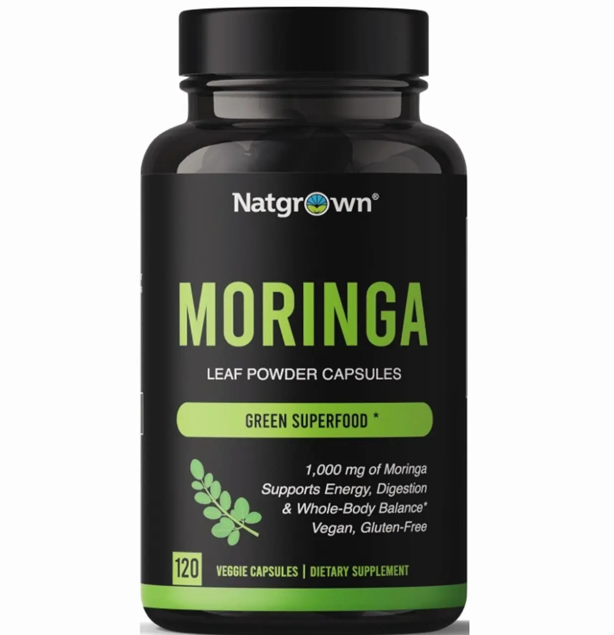 Natgrown Organic Moringa Capsules 1,000 mg - Pure Moringa Leaf Powder - Green Superfood Supplement - Vegan, Gluten-Free - 120 Capsules
